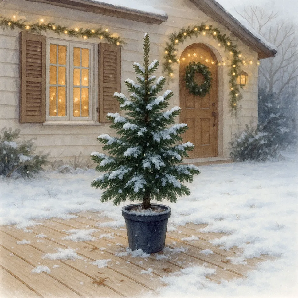 Eine Tanne im Topf kann jedes Jahr eingefahren werden, um die Weihnachtsbäume zu spielen.