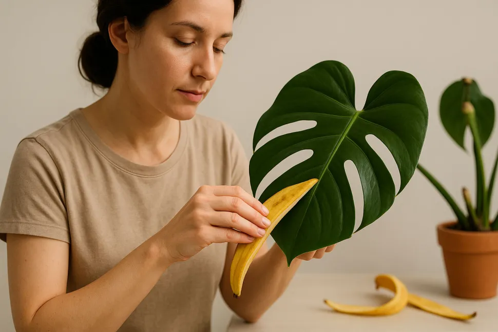 Die Bananenschale ist nicht nur wenig effektiv, sondern auch nicht sehr praktisch, um seine Pflanzen zu entstauben / Mit künstlicher Intelligenz erzeugtes Foto