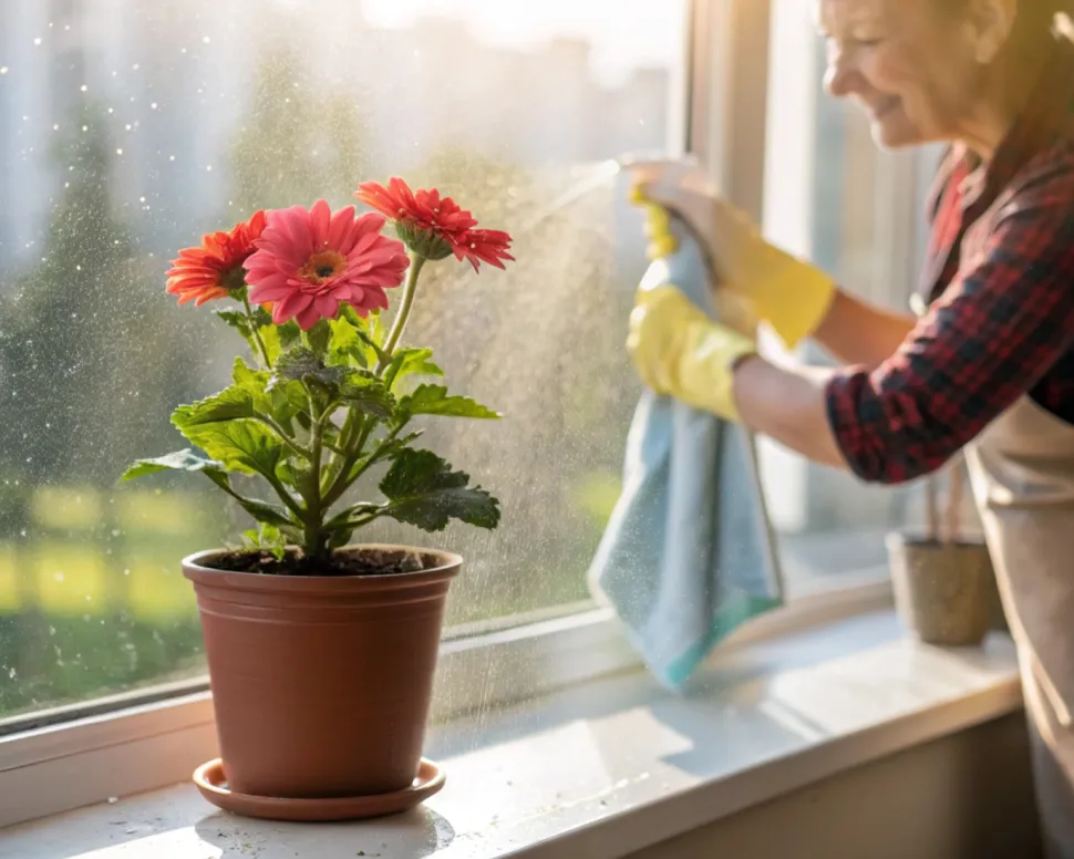 Não faça o que esta senhora fez. Retire as suas plantas da frente da janela quando estiver a limpar.