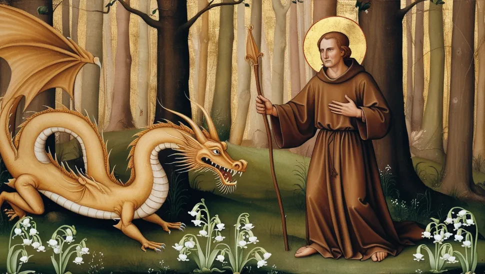 Saint-Léonard, the dragon and the lily of the valley - AI-generated image