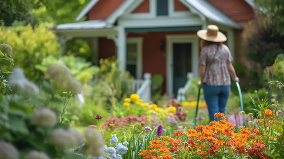 Frau gießt Garten