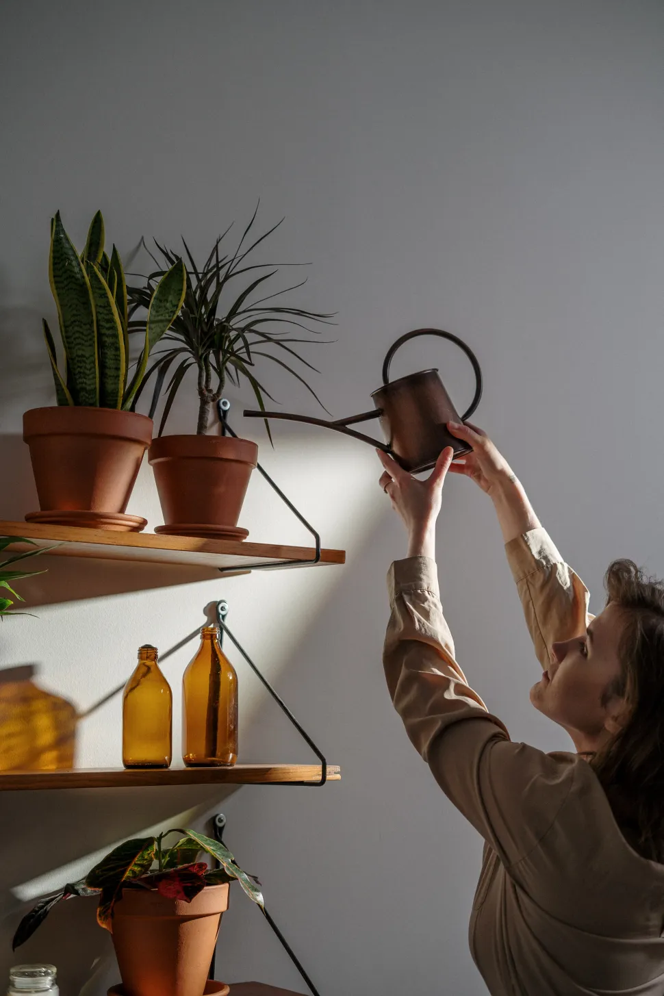 Mujer regando plantas de interior con una regadera