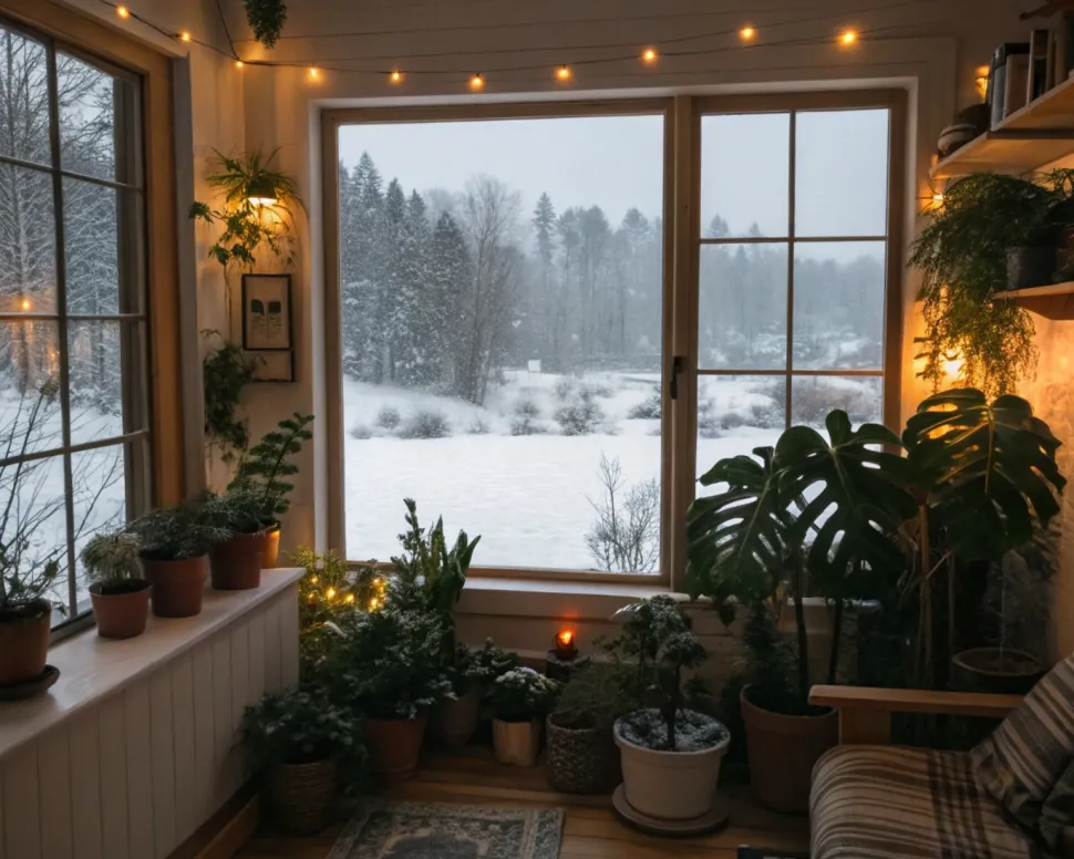 Zimmerpflanzen vor einem verschneiten Fenster