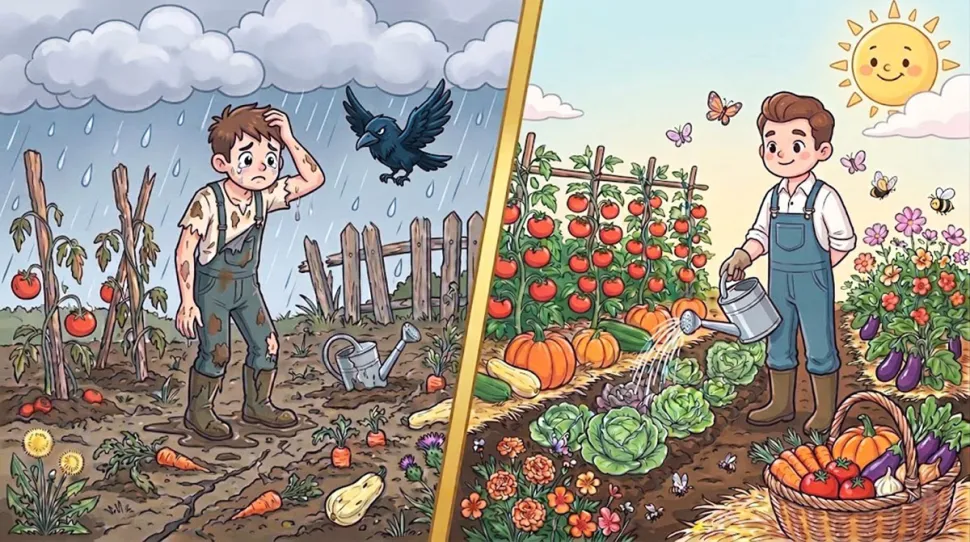 Illustration produktiver Gemüsegarten vs. Gemüsegarten in schlechtem Zustand