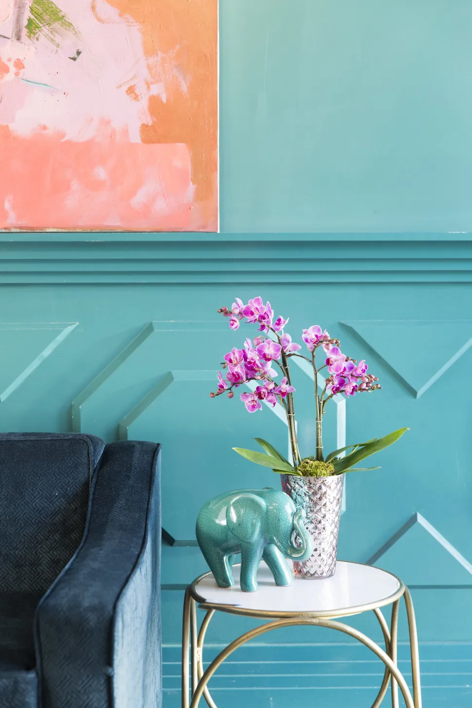 Orquídea rosa delante de una pared azul