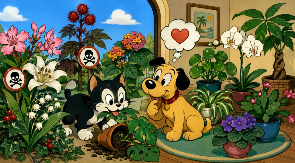 Illustration chien chat plantes toxiques